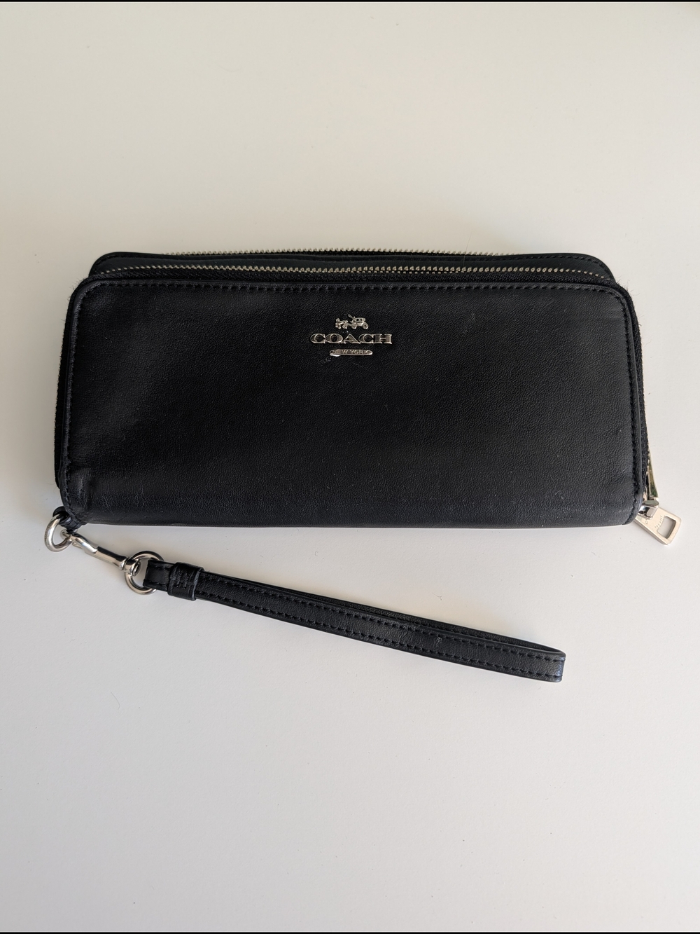 Coach Wristlet Black Leather Double Zip Wallet Silver Hardware